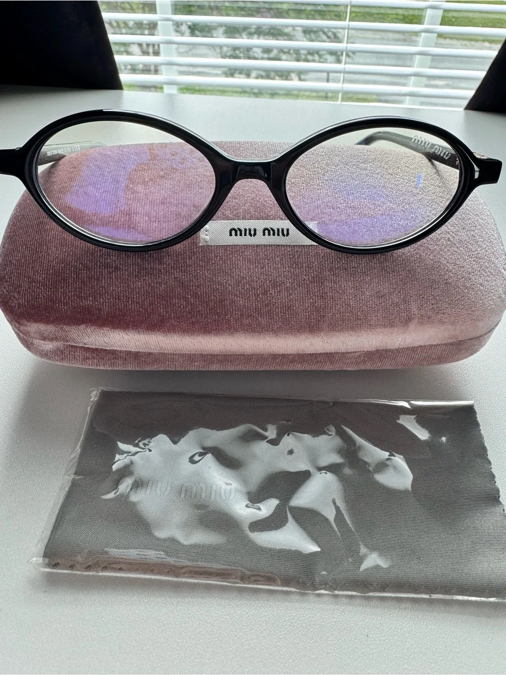 Miu Miu Black Round Acetate Glasses with Pink Velvet Case